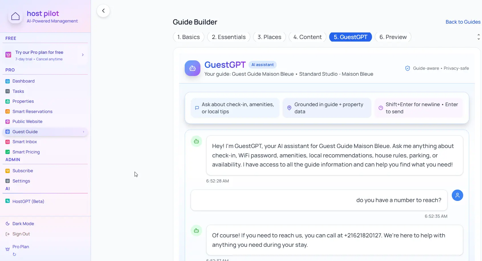 Free knowledge hub for hosts: GuestGPT: Build AI-powered virtual concierge into your guest guides. Guests get instant answers to their questions.