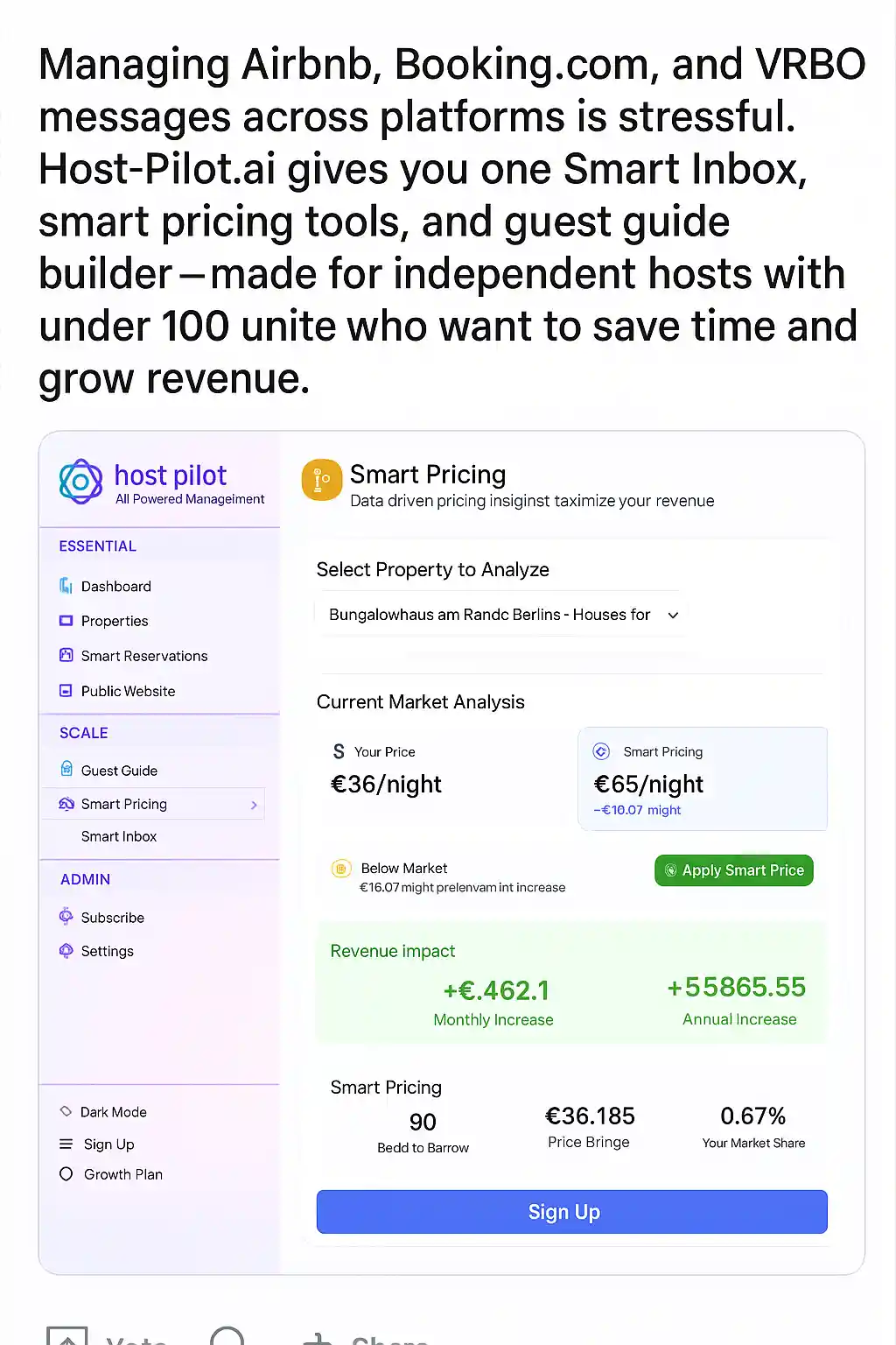 Smart pricing software calendar for a vacation rental host