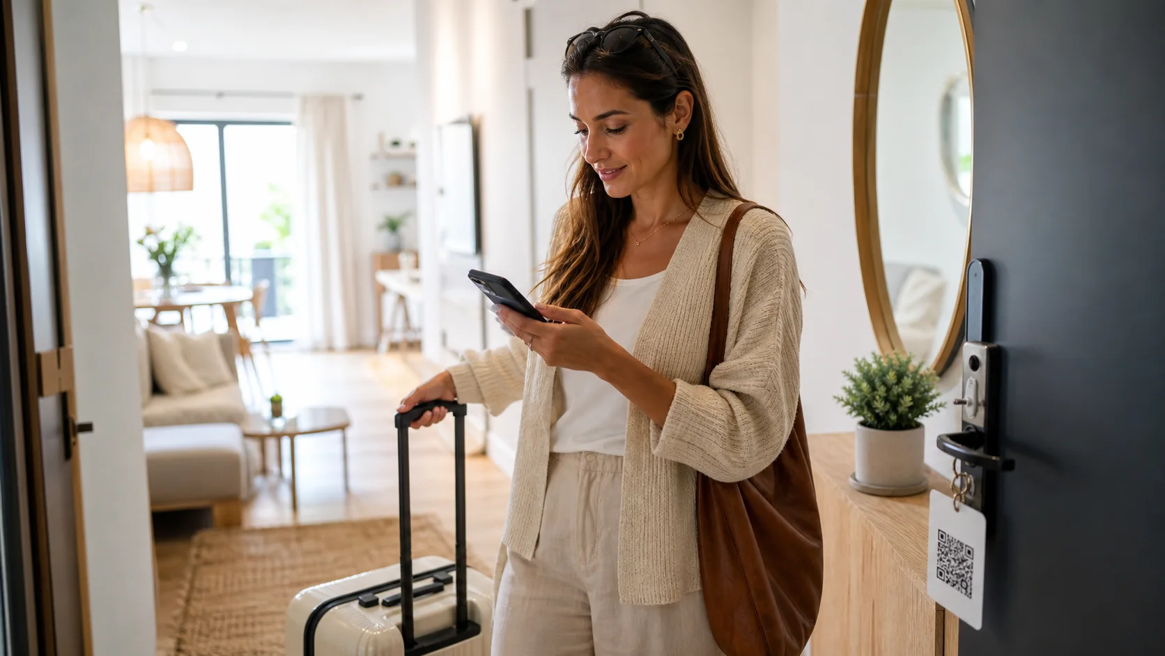 Guest opening an Airbnb guest guide on a smartphone in a vacation rental entryway