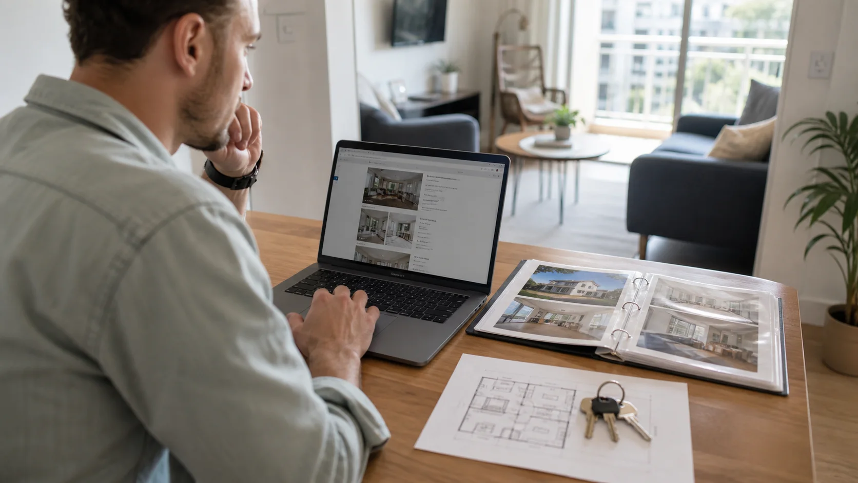 Host reviewing Airbnb listing information with a home details folder and property keys