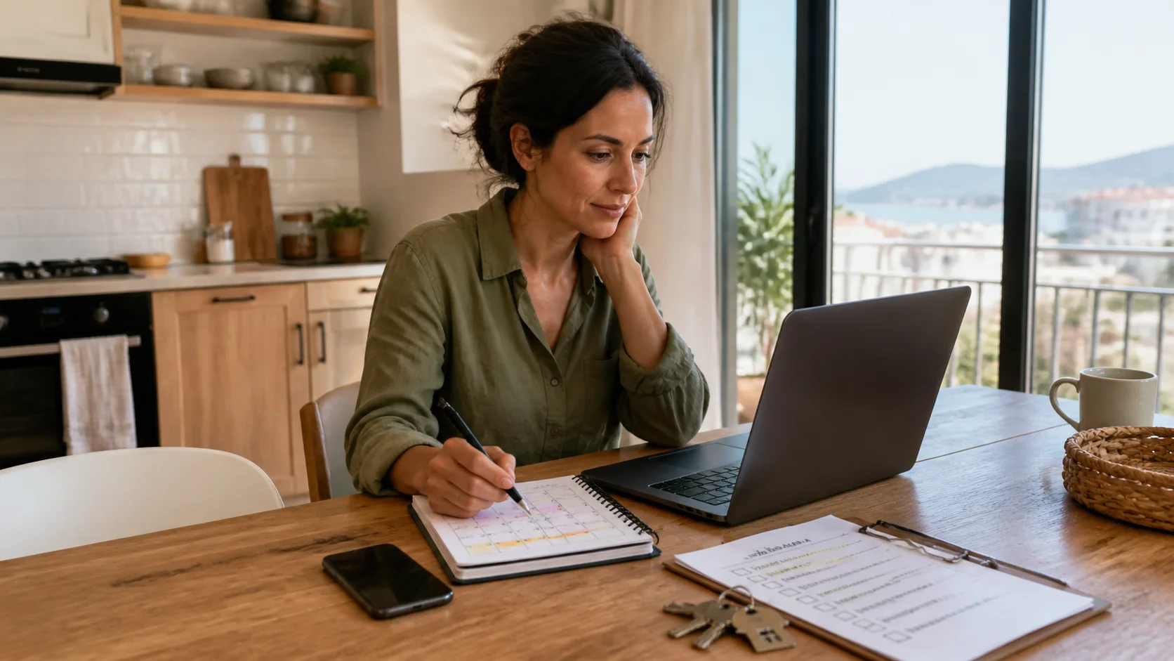 Host planning Airbnb reservation details with a calendar, phone, keys, and turnover notes
